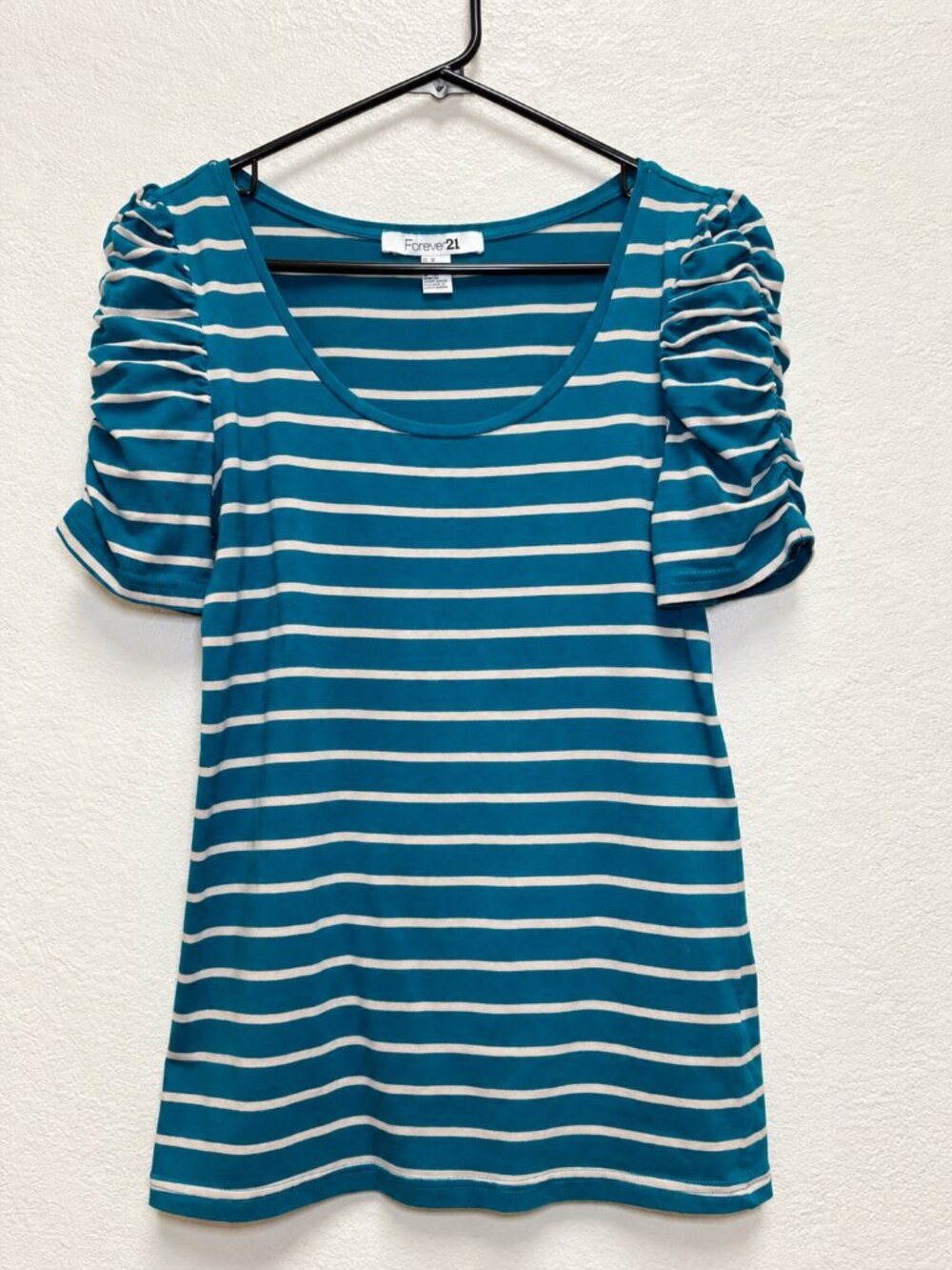 Forever 21 Teal & Beige Striped Puff Sleeve Top